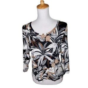 Top Story Leaf Print Scoop Neck Top Black And Brown Size Medium